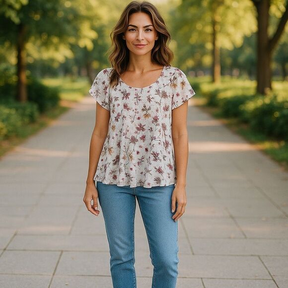 Floral Print Women's Top - Cream and Purple - Picture 1 of 2